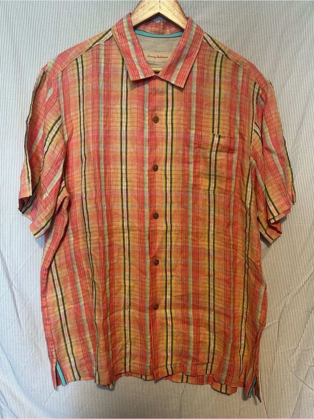 Tommy Bahama Men's Linen Striped Short Sleeve Button-Up Shirt Pink Size L